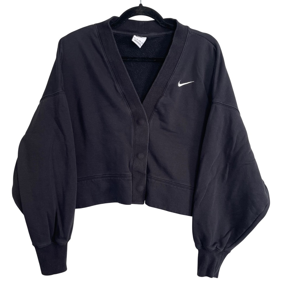 Nike Sportswear Phoenix Fleece Cropped Cardigan Black V-Neck Sweatshirt Women XS